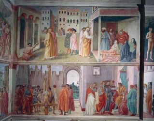 La guérison du paralytique et la résurrection de Tabitha, par Masolino da Panicale, Saint Pierre confronte Simon le Magicien devant Néron, et le Martyr de Saint Pierre, par Filippino Lippi, fresques