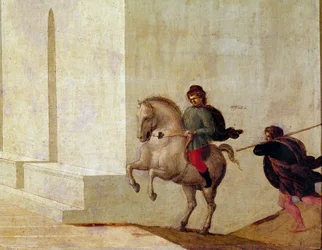 La mort de Lucrèce (Lucrezia ou Lucretia) dame romaine du 6ème siècle av. J.-C. se donne la mort après avoir été victime de la violence de Sextus Tarquin. Tarquin est chassé de Rome et est ici menacé par les proches de Lucrèce (son père et son mari)