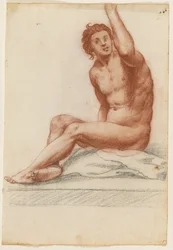 Figure Masculine Tournée vers la Gauche, le Bras Gauche Levé, Assis sur un Tissu