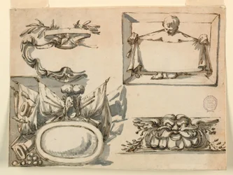 Dessin, Un écusson, un trophée, une étiquette, un motif décoratif pour une frise, 1750-75