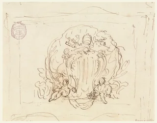 Dessin, Tablette portant les armoiries du pape Benoît XIV avec coquille en arrière-plan, 1740-58