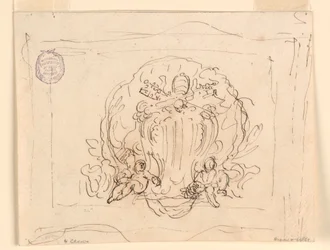 Dessin, Tablette portant les armoiries du pape Benoît XIV avec coquille en arrière-plan, 1740-58
