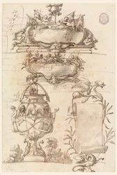 Dessin, deux écussons, un vase décoratif et une volute, 1750-75
