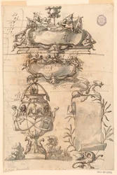 Dessin, deux écussons, un vase décoratif et une volute, 1750-75