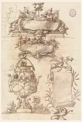 Deux écussons, vase décoratif et un parchemin