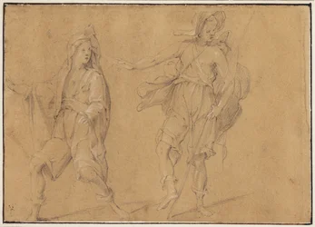 Une figure courant avec le manteau sur la tête, et un homme debout avec chapeau et bâton