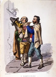 Joueurs de pipeau (zampogna). Gravure d
