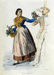 Petit commerce de la ville de Naples : jeune fleuriste tendant un bouquet à un homme élégant. Gravure d