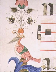 Missel 515 f.120v Oiseau grotesque avec tête humaine, détail de la bordure décorative d