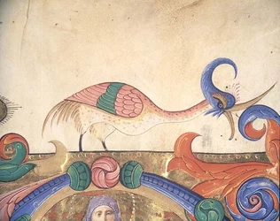 Oiseau fantastique, détail de la décoration entourant une initiale historiée d