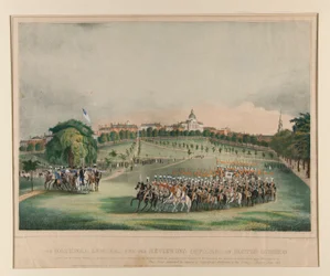 Les National Lancers avec les officiers passant les troupes en revue sur le Boston Common