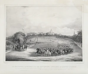 Les Lanciers nationaux avec les officiers passant la revue sur le Boston Common