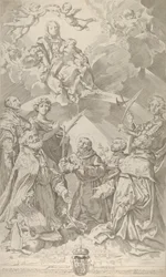 Saints patrons de Bologne regardant vers la Vierge assise dans les nuages...