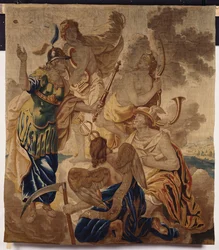 Tapisserie de Bruxelles tissée en laines et soies, représentant diverses divinités, dont Minerve, Apollon, Diane, Mercure et Cornus parmi les nuages