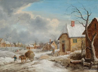 Un village en hiver avec un cheval tirant une charrette remplie de bois