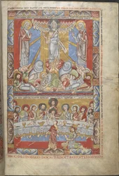 Miniature pleine page en deux registres, de la Transfiguration du Christ et de la Dernière Cène, illustrations de 