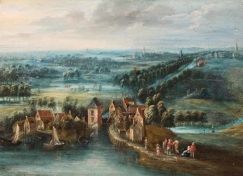 Un vaste paysage avec un village au bord d
