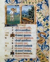 Calendrier, juin, un paysan fauchant et le signe du cancer. Page tirée d