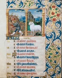 Calendrier, le mois de mars, un paysan semant et le bélier. Page tirée d