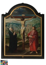 Panneau central du triptyque avec crucifixion et textes