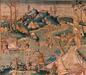 Tapisserie flamande. Camp militaire près de la rivière Granikos. Atelier d