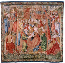 Tapisserie flamande. Série Épisodes de la vie de la Vierge. Les prophéties se réalisent à la naissance du Christ (Cumplimiento de las profecías en el nacimiento del Hijo de Dios). Première tapisserie de la série. Modèles attribués à Jan von Roome (ou van B