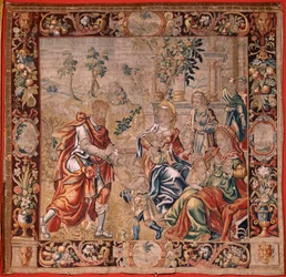 Tapisserie flamande. Série Ésaü et Jacob. Jacob réunissant ses femmes avant de fuir vers Canaan. Première tapisserie de la série. Manufacture Pays-Bas, seconde moitié du 16ème siècle.