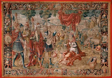 Tapisserie flamande. Série Ésaü et Jacob. Laban cherche les idoles volées. Deuxième tapisserie de la série. Manufacture Pays-Bas. Seconde moitié du 16ème siècle. Laine. Église de Saint Nicolas de Bari.