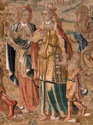 Tapisserie Flamande. Série Ésaü et Jacob. Rencontre entre Jacob et Ésaü. Troisième tapisserie de la série. Manufacture Pays-Bas, seconde moitié du 16ème siècle. Tissu Laine. Lieu Église Saint-Nicolas de Bari (musée ouvert)