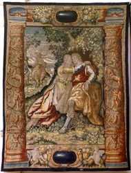 Tapisserie flamande. Série Galanterie. Couple avec musicien. Manufacture Bruxelles, début 17ème siècle. Tissu Soie et laine, 5/6 fils par cm. Taille 348 x 263 cm. Église de San Millán de la Cogolla, Oncala (Soria).