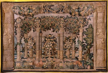Tapisserie flamande. Série Galeries avec animaux ou Galeries de treillages. Deuxième de la série. Soie et laine. 17ème siècle.