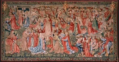 Tapisserie flamande. Série Rédemption humaine ou Vices et Vertus. Le Christ monte au Ciel et l