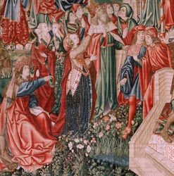 Série Rédemption humaine ou Vices et Vertus. Christ le Sauveur enfant. Cinquième tapisserie de la série (deuxième de celles conservées à Palencia). Manufacture de Bruxelles, atelier. Vers 1510