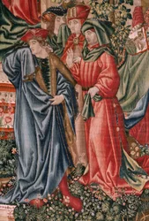Tapisserie flamande. Série Rédemption humaine ou Vices et Vertus. Les Vertus défient les Vices lorsque le Christ commence son ministère. Sixième tapisserie de la série (troisième de celles conservées à P