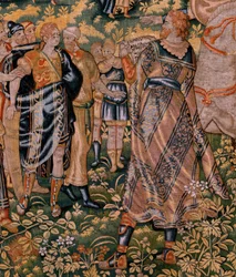 Tapisserie flamande. Série Histoire de Cyrus. N° II Astyage reconnaît Cyrus. Anonyme, basé sur Michiel Coxcie. Atelier Anvers. Soie et laine. Ca 1590