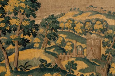 Tapisserie flamande. Série Histoire de Cyrus. Tomyris ordonne que la tête de Cyrus soit plongée dans un récipient de sang. Anonyme, basé sur Michiel Coxcie. Atelier Anvers. Soie et laine.