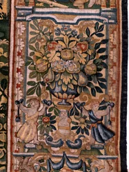 Tapisserie flamande. Série Histoire de Cyrus. Combat entre deux guerriers et mort de Cyrus. Anonyme, basé sur Michiel Coxcie. Atelier Anvers. Soie et laine. Vers 1590.