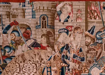 Tapisserie Flamande. Série La Guerre de Troie. La Destruction de Troie. Onzième tapisserie de la série. Modèle Maître de Coëtivy (Henry ou Conrard de Vulcop). Manufacture Ateliers de Tournai. Vers 1470. Tissu Laine et soie, 6/7 fils par cm.