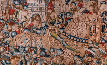 Tapisserie flamande. Série La Guerre de Troie. La Destruction de Troie. Onzième tapisserie de la série. Modèle Maître de Coëtivy (Henry ou Conrard de Vulcop). Manufacture ateliers de Tournai. Vers 1470