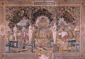 Tapisserie flamande. Série Vertumne et Pomone. Vertumne transformé en moissonneur. Première tapisserie de la série. Modèle Cercle de Pieter Coeck van Aelst. Manufacture Wilhelm Pannemaker, Bruxelles. Vers 1545-1550.
