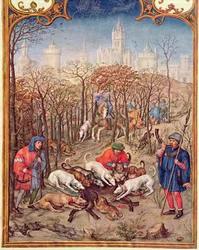 Le mois de décembre : Chasse au sanglier, du Breviarium Grimani, c.1515