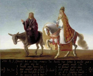 « Jésus sur un âne à côté du pape richement vêtu sur un cheval » - caricature luthérienne contre le pape - peinture anonyme