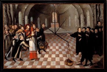 «La pesée des religions», caricature luthérienne contre la religion catholique, représentée à gauche, opulente et mettant ses richesses dans la balance, mais vaincue par la foi protestante à droite, dont la seule Bible pèse plus lourd - Peinture anonyme