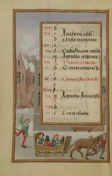 Ms 1058-1975 f1v Scène de rue dans la neige, page de calendrier illuminée pour janvier, d