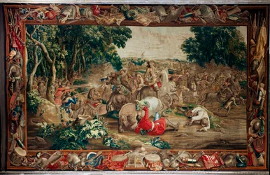 Palais (Schlossanlage Schleißheim). Tapisserie flamande. Atelier de Bruxelles Judocus De Vos. Design Lambert De Hondt. Embuscade. Laine et soie. Vers 1715 - 1724.