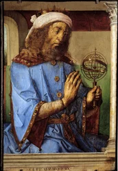 Portrait de Ptolémée (Claudius Ptolemaeus, ca. 90-168), astronome grec. Peinture de Pedro Berruguete (ca. 1450-avant 1504) et Juste de Gand (1435-1480)