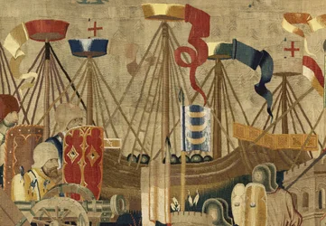 Tapisserie montrant les Conquêtes du roi Alphonse V de Portugal (Conquistas de Alfonso V de Portugal), Tournai. (détail)