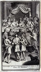 Télémaque est reçu à Lacédémone dans le palais de Ménélas avec Pisistrate. Illustration pour le livre IV de l