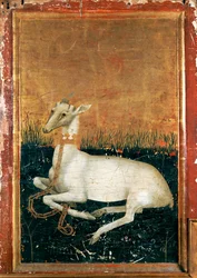 Le diptyque de Wilton, détail, verso droit : le cerf blanc, emblème du roi Richard II (tempera à l