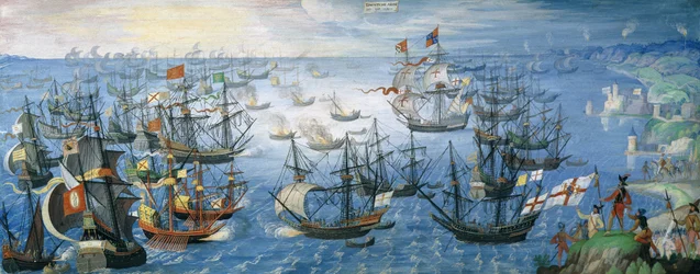 Le lancement des brûlots anglais sur la flotte espagnole au large de Calais avec la reine Élisabeth I (1533-1603) à cheval sur le rivage, la nuit du 7 août 1588, c.1605